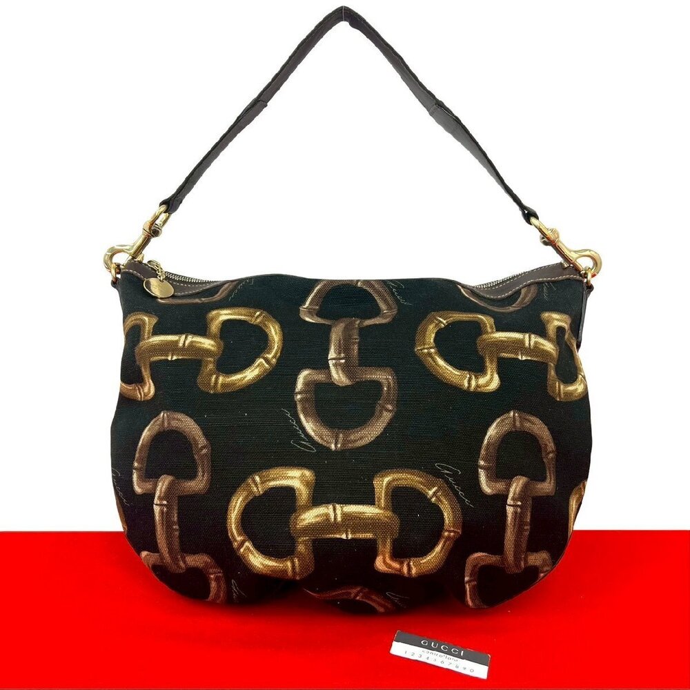 GUCCI Horsebit canvas leather shoulder bag handbag tote black - Picture 1 of 10